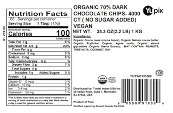 Yupik Organic 70% Pure Dark Chocolate Chips - No Sugar Added - 4000 Ct, 2.2 Lbs, Pure Chocolate, Vegan, Gmo-, Vegetarian, Gluten-, Lactose , Brown, Pack Of 1