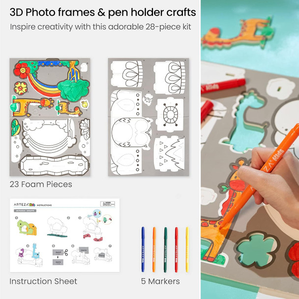 Arteza Kids 3D Puzzle Owl & Giraffe To Craft Photo Frame & Pen Holder Model Kit With 23 Foam Pieces 5 Nontoxic Markers And Easy-To-Follow Instructions Art Supplies For Kids’ Activities