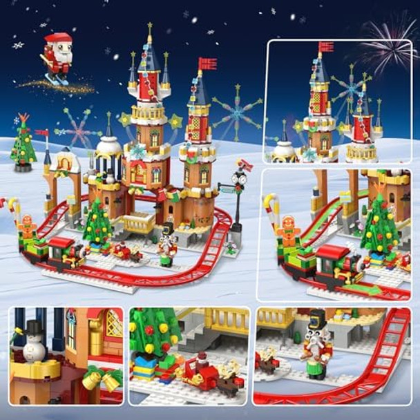 Cubimana Christmas Castle Roller Coaster Building Set With Lights - Castle Village Rollercoaster Building Blocks House Xmas Tree Train Santa Claus Playset For Adults Kids Boys Girls -1232Pcs