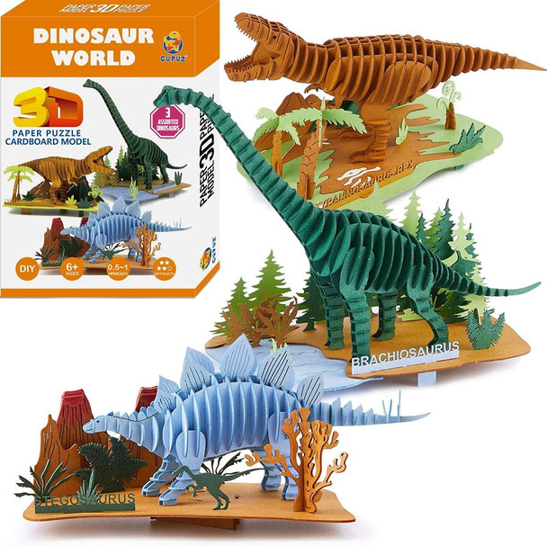 Cupuz 3D Paper Puzzle 3 Assorted Dinosaurs Premium Cardboard Models Diy Kit For Child Educational Craft -Rex Stegosaurus Brachiosaurus Puzzles