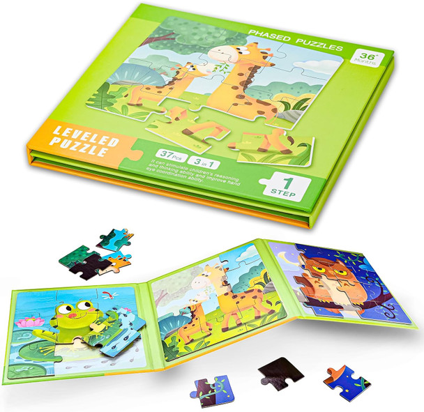 D-Kingchymagnetic Puzzles For Kids Ages 3+ 3-In-1 Puzzle Book 9 12 16 Pieces Travel Jigsaw Puzzles Road Trips Toys For 3 4 5 6 7 Boys Girls Birthday (Animals)