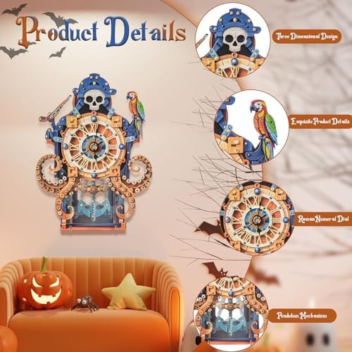 Kosmickiss 3D Wooden Octopus Pirate Puzzle Clock - Mechanical Model Kit with Anchor Pendulum & Pirate Theme DIY Building Kit for Adults Teens Vintage Wall Clock for Home Office Decor Unique for Men
B0FDFJ3WXH