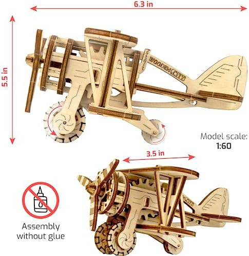 Wooden.City Biplane 3D Wooden Plane Puzzle – Mechanical Model Kit with Rubber Motor & 56 Laser-Cut Pieces – Build & Display Vintage Aircraft for Adults and Teens – Wood 
B09VHCHCMJ