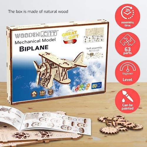 Wooden.City Biplane 3D Wooden Plane Puzzle – Mechanical Model Kit with Rubber Motor & 56 Laser-Cut Pieces – Build & Display Vintage Aircraft for Adults and Teens – Wood 
B09VHCHCMJ