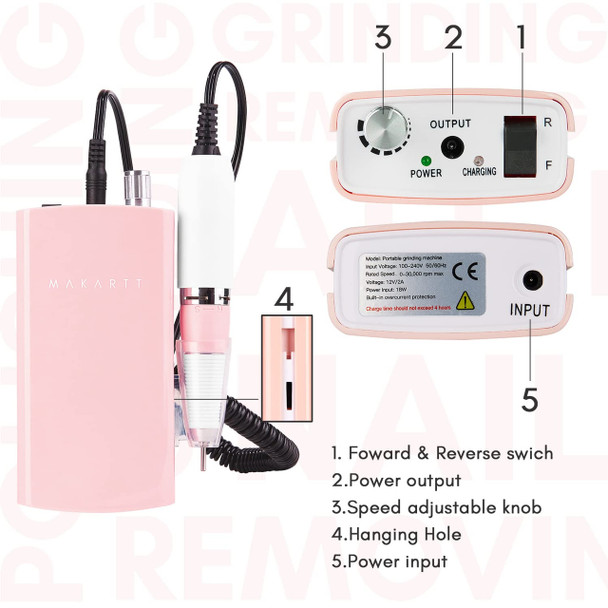 Makartt Rechargeable Nail Drill 30000RPM Portable Electric E File MALORY Acrylic Nail Gel Polish Remover Machine with Nail Drill Bit Set for Manicure Nail Art Salon Nail Tech Home DIY Pink