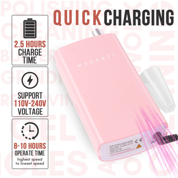 Makartt Rechargeable Nail Drill 30000RPM Portable Electric E File MALORY Acrylic Nail Gel Polish Remover Machine with Nail Drill Bit Set for Manicure Nail Art Salon Nail Tech Home DIY Pink
