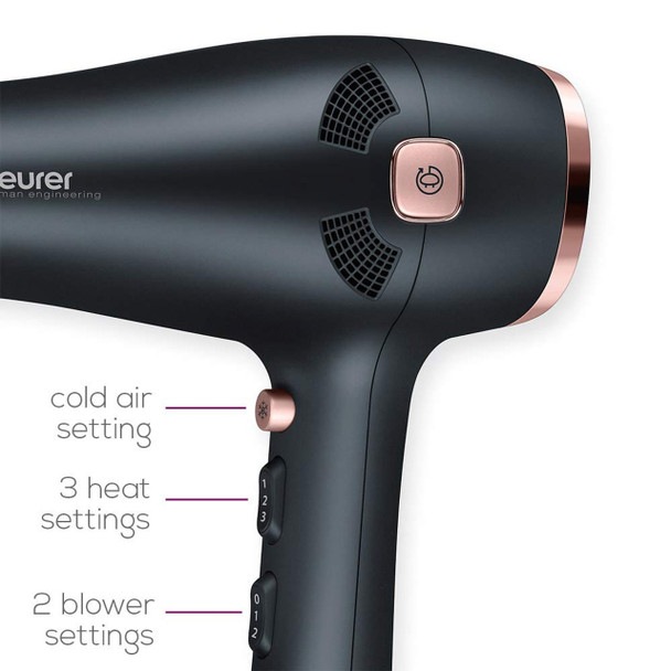 Beurer Style Pro HC55 Hair Dryer With Cable Rewind 2000Watt Hair Dryer With Integrated Ion Function Slim Nozzle Attachment Volume Diffuser Attachment 3 Heat Settings 2 Speed Settings