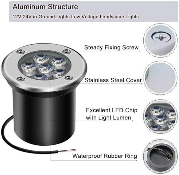 4Pack 6W Low Voltage Landscape Lights With Connectors - 12-24V Led In-Ground Lights Ip67 Waterproof Garden Lighting For Yard Pathway Driveway Deck (Cool White)
