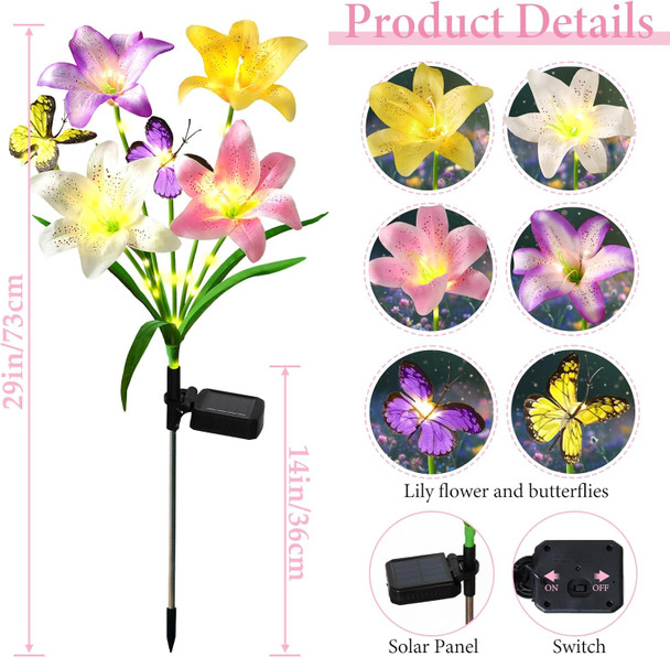 Alynsehom 4 Pack Solar Garden Lights 29In Outdoor Waterproof Solar Flower Lights With 16 Lilies 8 Butterflies Garden Decor For Yard Patio Porch Pathway s