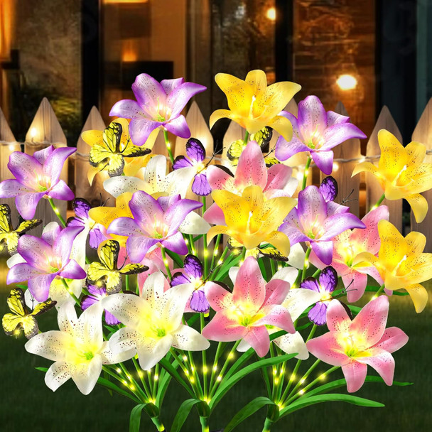Alynsehom 4 Pack Solar Garden Lights 29In Outdoor Waterproof Solar Flower Lights With 16 Lilies 8 Butterflies Garden Decor For Yard Patio Porch Pathway s