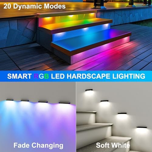 Aslong 8Pcs 7 Inch Rgb Led Hardscape Lighting Retaining Wall Lights Rgb Color Changing & Warm White Low Voltage Led Landscape Paver Lights Waterproof Outdoor Step Lights For Steps Sidewalk