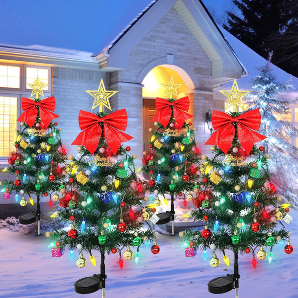 4 Pack Solar Christmas Decoration - 36.6 Inch Waterproof Prelit Solar Tree With 80 Led Lights Ball For Porch Cemetery Pathway Yard