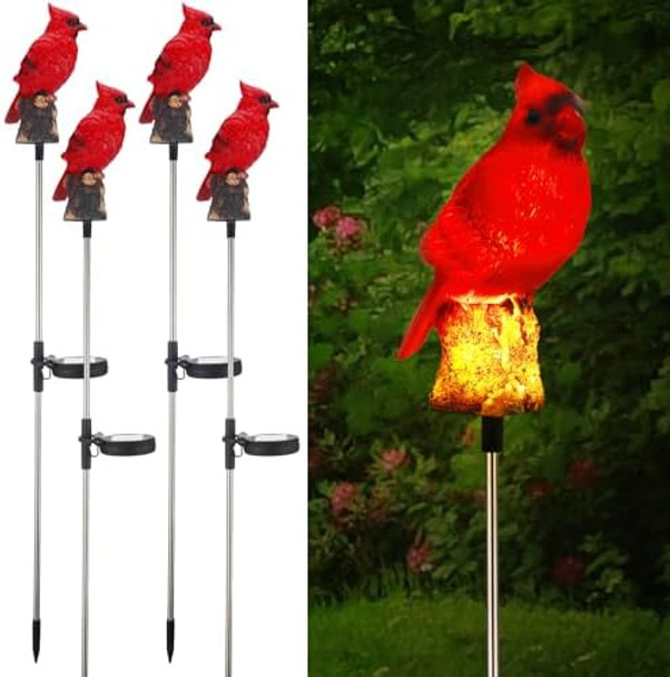 4 Pack Solar Cardinal Stake Light Cardinal Decor Garden Red Bird Figurine Memorial Solar Light Outdoor Pathway Yard Lawn Ornaments For Christmas Thanksgiving s Decorations Outside Women