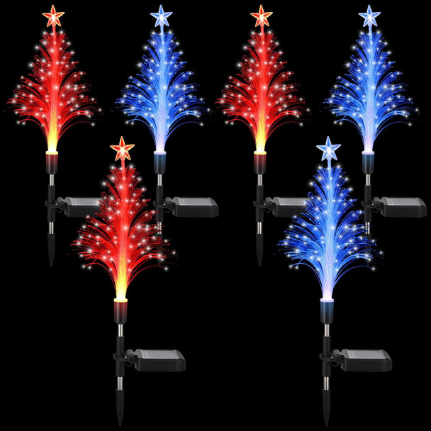 6 Pack Solar Christmas Tree Garden Stake Lights Outdoor Waterproof Color Changing Christmas Lighted Yard Decorations Optical Fiber Xmas Pathway Lights For Lawn Patio Cemetery (Red Blue)