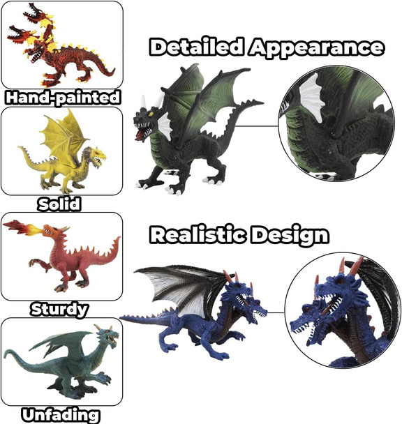 Large Dragon Toys 6Pcs Dragon Action Figures Set Plastic Flying Dragon Figurines Toy For Kids Adults Realistic Ancient Dragon Toys Cake Toppers For Kids Children Adults Birthday Party Decorations