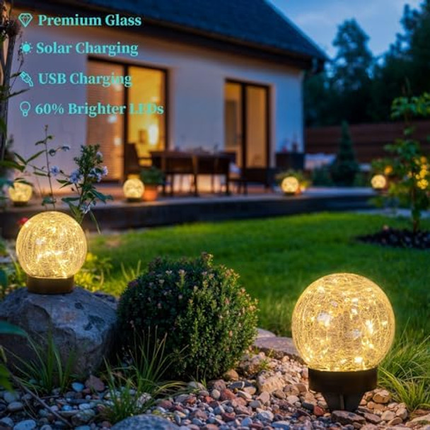 Beautyard Solar Globe Lights Outdoor Usb Charged Garden Decor 3.94" Diameter 30Led 1000Mah Solar Globe Lights For Outdoor Indoor Mothers Day s Holiday Decor(3.94'' Medium 4 Pack Warm White)