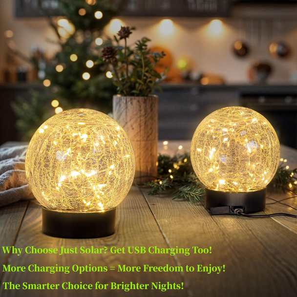 Beautyard Solar Globe Lights Outdoor Large Garden Decor Usb Charged 4.72" Diameter 40Led 1000Mah Solar Lights Cracked Glass Globe Solar Power Yard Patio Garden (4.72'' Large 2 Pack Warm White)
