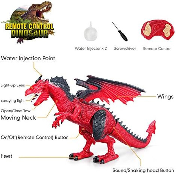 Betheaces Remote Control DinosaurDragon Toy For Kids Boys Girls Red Dragon Figures Learning Realistic Looking Large Size With Roaring Spraying Light Up Eyes For Birthday Xmas s (Style-1)