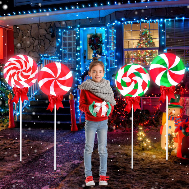 4 Pcs 4Ft/48“ Large Lollipop Christmas Pathway Lights Outdoor W/Bows 6 Lighting Modes Peppermint Candy Walkway Lights Jumbo Giant Landscape Path Lights For Christmas Outside Yard Patio