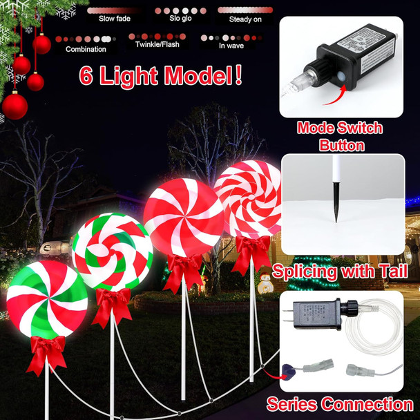 4 Pcs 4Ft/48“ Large Lollipop Christmas Pathway Lights Outdoor W/Bows 6 Lighting Modes Peppermint Candy Walkway Lights Jumbo Giant Landscape Path Lights For Christmas Outside Yard Patio