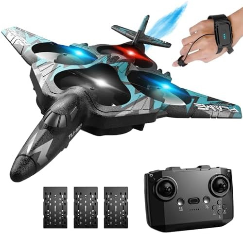 Remote Control Drone For Kids Gesture Rc Stealth Raptor Airplane Quadcopter Fighter Jet With Light/Spray/360° Flip Beginner Big Rc Plane Toy For Boys Christmas s (3 Batteries/984Ft)