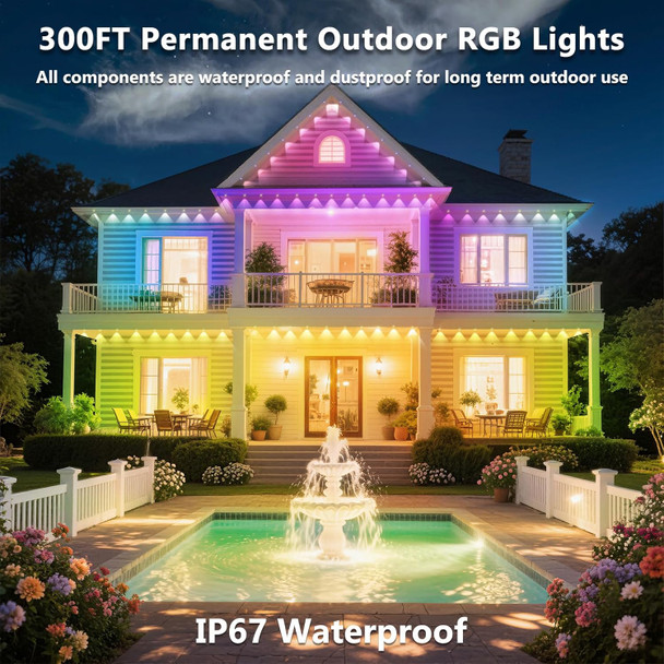 300Ft Permanent Outdoor Rgb Lights Ip67 Waterproof Smart Eave Lighting With App/Remote Control Eaves Light Diy Led Scenes Modes For House Roof DecorChristmasPartyAll Holiday And Daily