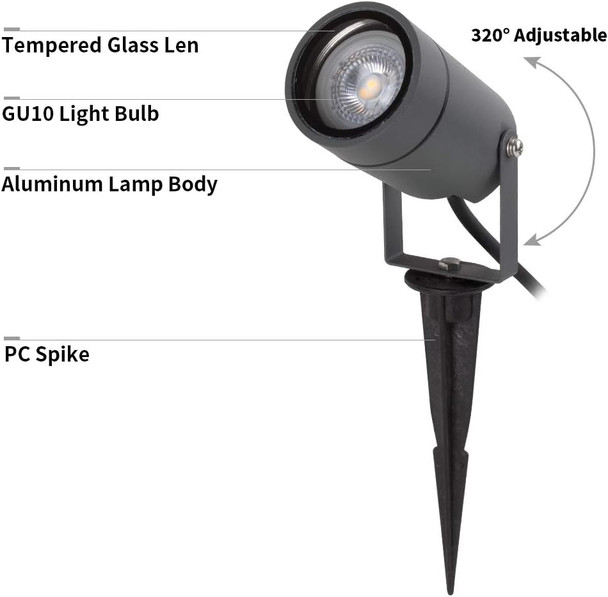 Dawalight Outdoor Spot Light Landscape Lighting 6W Spotlight For Yard Replaceable Gu10 Bulb 110V 3000K Ip65 Waterproof Aluminum 5Ft Cable Garden Patio Driveway HouseDark Grey