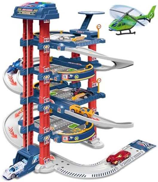 City Ultimate Garage Track Set With Electric Elevator 5 Levels Toy Car Garage With 5 Die-Cast Toy Cars & 1 Helicopter