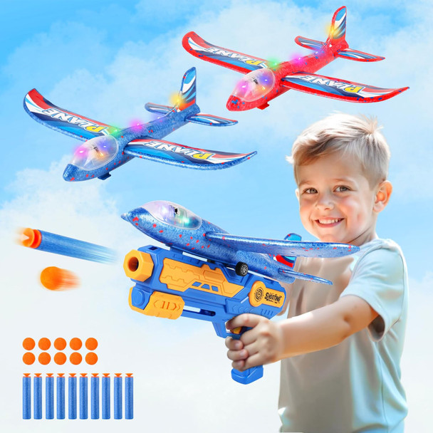 2 Pack Airplane Launcher Toys With 20 DartsLed Foam Glider Catapult Plane Toy2 Flight Modes Outdoor Flying Toys Birthday s For Boys Girls 4 5 6 7 8 9 10 11 12 Year Old(Blue)
