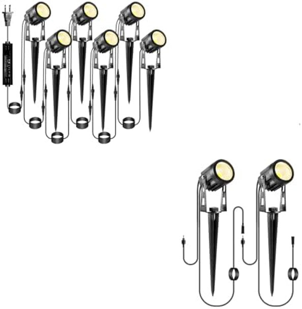 Ecowho 2700K Warm White 6-In-1 Landscape Spotlights + 2Pcs Extension Lights For Garden Yard Pathway Patio House Holiday