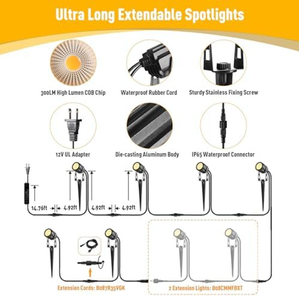 Ecowho 2700K Warm White 6-In-1 Landscape Spotlights + 2Pcs Extension Lights For Garden Yard Pathway Patio House Holiday