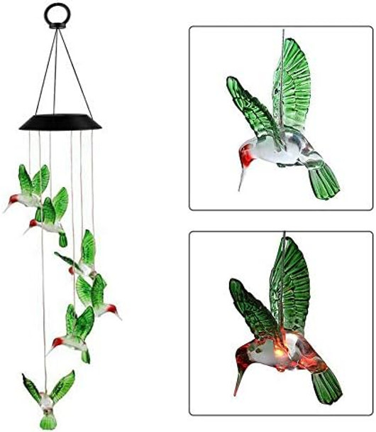 Hummingbird Solar Light - Color Changing Wind Chime For Outdoor Garden Walkway Pathway Backyard - Christmas Decoration Party Decor (Green Wing)