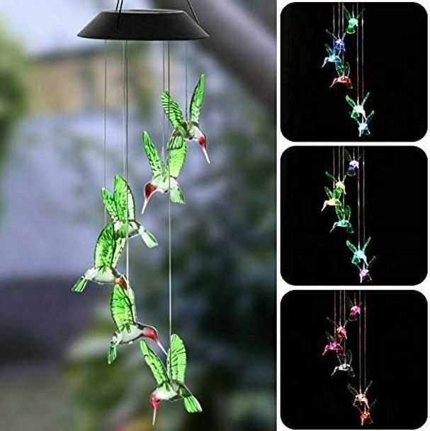 Hummingbird Solar Light - Color Changing Wind Chime For Outdoor Garden Walkway Pathway Backyard - Christmas Decoration Party Decor (Green Wing)