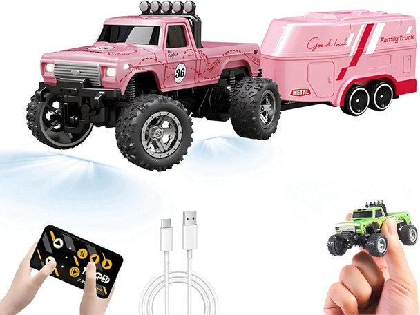 Mini Rc Car 1/64 Scale Mini Remote Control Monster Truck With Trailer 2.4Ghz & App Remote Control Rechargeable Alloy Shell Mini Rc Cars With Lights Speed/Steering Adjustable (Grey)