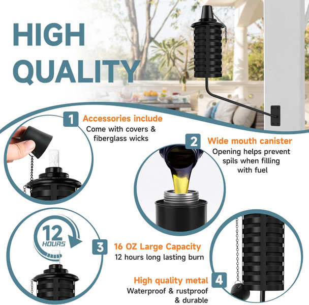 6 Pack Black Wall Mounted Citronella Torches16 Oz Outdoor Metal TorchRefillable Garden Torches For Yard Patio Deck Garden Party Landscape