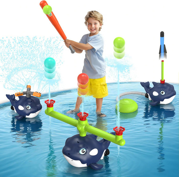 4-In-1 Whale Water Sprinkler Baseball Set For KidSummer Water Toy With 3 Jets 4 Balls And Rocket Launch Game Kids Sprinklers With 360° Rotating SprinklerOutdoor Water Toys For Kids Age 3+ Years