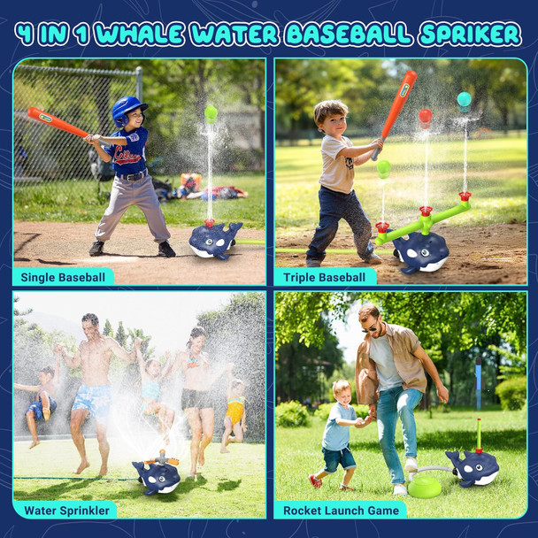 4-In-1 Whale Water Sprinkler Baseball Set For KidSummer Water Toy With 3 Jets 4 Balls And Rocket Launch Game Kids Sprinklers With 360° Rotating SprinklerOutdoor Water Toys For Kids Age 3+ Years