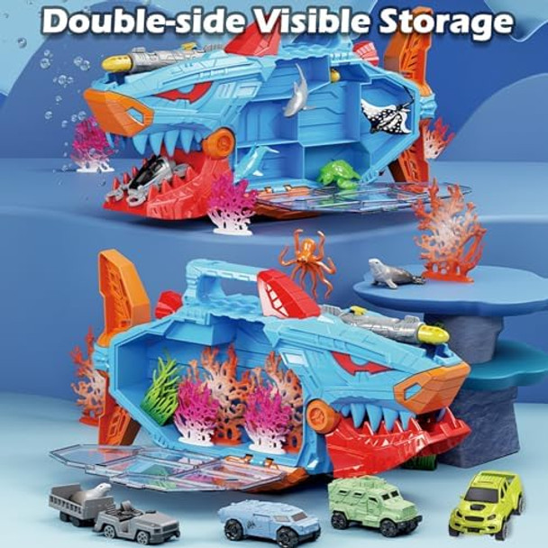 Shark Toy & Deep Sea Creatures Ocean Animal Toys With Truck Cars 18 Piece Educational Playset For Kids Ages 3+ Years Old Indoor & Outdoor Play Preschool Learning For Boys Girls