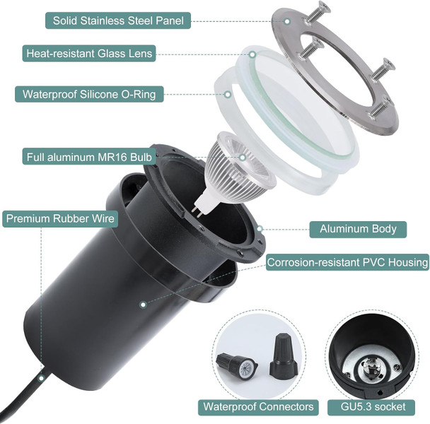 Gardencoin Low Voltage Landscape Led Well Lights 12V In Ground Lights Outdoor Ip67 Waterproof 4.3 Inch Wired Landscape Up Lighting Included Replacement 5W 2700K Mr16 Bulb Dimmable 6 Pack