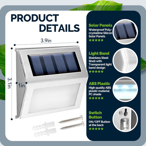 Gigalumi 12 Pack Solar Fence Lights Outdoor Waterproof Led Step Lighting Stainless Steel Solar Powered Lights For Step Stairs Pathway Garden (Cold White)