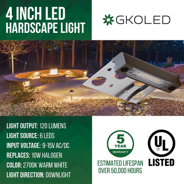 Gkoled 8-Pack 4 Inches Led Hardscape Light Paver Wall Light 2W 2700K Led Lighting Source Outdoor Step Lights Solid Powder Coated Die-Cast Aluminum Housing Low Voltage 12V Ac/Dc Ul Listed Gkoled 8-Pack 4 Inches Led Hardscape Light Paver Wall Light 2W 2700K Led Lighting Source Outdoor Step Lights Solid Powder Coated Die-Cast Aluminum Housing Low Voltage 12V Ac/Dc Ul Listed
