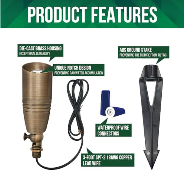 Gkoled Solid Brass Landscape Spotlight 12V Ac/Dc Low Voltage Landscape Lights Outdoor Directional Led Uplight Waterproof Fixture With Abs Spike Garden Patio Trees Spot Up Light No Mr16 Bulb