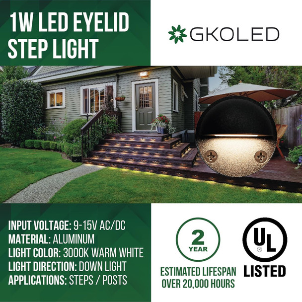 Gkoled 8-Pack Low Voltage Led Deck Lights Mini Size Eyelid Step Lights With 0.8W Integrated Led Chips Ip65+ Rated Waterproof For Outdoor 3000K Die-Cast Aluminum With Black Powder Coated Finish