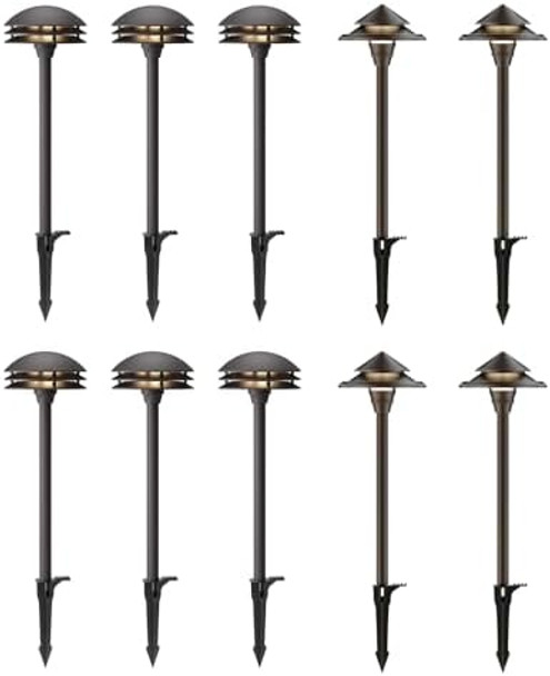Goodsmann 6Pk Low Voltage Pathway Lights 4W 80 Lumen Outdoor 3 Tier Pagoda Landscape Lights With 4Pk Path Lights Oil Rubbed Bronze 4W 32 Lumen Outdoor Lights With Metal Stakes Cable Connectors