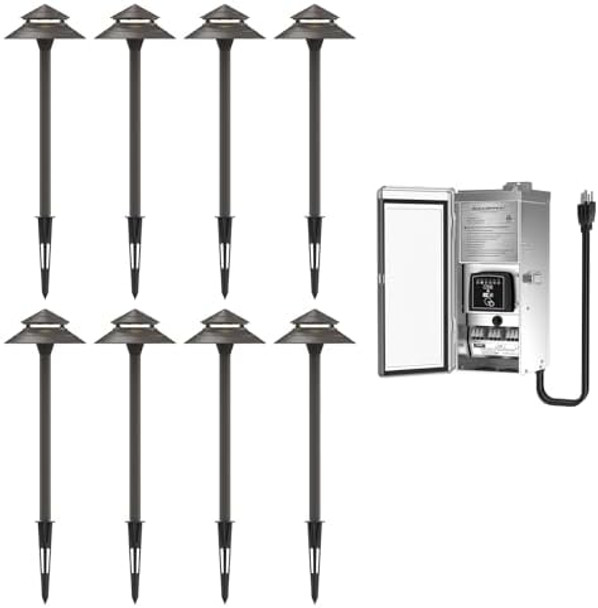Goodsmann 8Pk Low Voltage Pathway Lights Kits 3W Led 180 Lumen 2 Tier Pagoda Path Light With 300W Low Voltage Transformer 120V Ac To 12V/15V Ac Multi Tap Output Stainless Steel Transformer