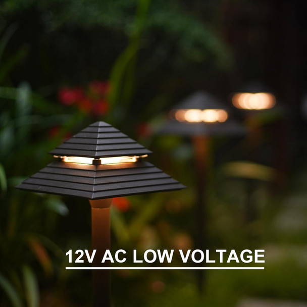 Goodsmann Landscape Lighting 2Pk Low Voltage Landscape 2-Tier Pagoda Path Lights 3W 180 Lumen Led 12V Ac Weatherproof For Outdoor Die-Cast Body And Metal Spike With Bronze Finish 9121-21505-02A