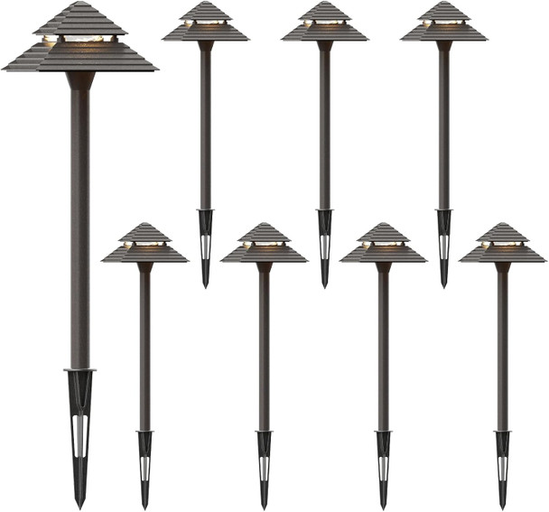Goodsmann Landscape Lighting 2Pk Low Voltage Landscape 2-Tier Pagoda Path Lights 3W 180 Lumen Led 12V Ac Weatherproof For Outdoor Die-Cast Body And Metal Spike With Bronze Finish 9121-21505-02A