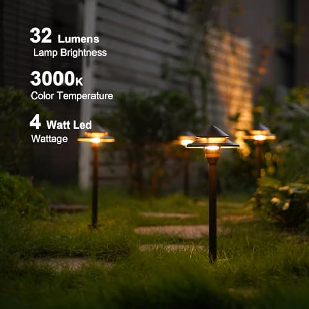 Goodsmann Low Voltage Landscape Lighting 4Pk Led Path Lights Oil Rubbed Bronze 4W 32 Lumen Hardwired 2 Tier Pagoda Landscape Pathway Lights 3000K Warm White Metal Stakes Cable Connectors