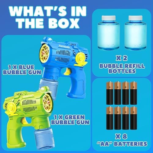 2-Pack Bubble Gun Set With Batteries – Automatic Bubble Blower Toys For Kids & Toddlers 1 Blue + 1 Green Bubble Shooter With Solution Included Outdoor Fun & Ready To Play