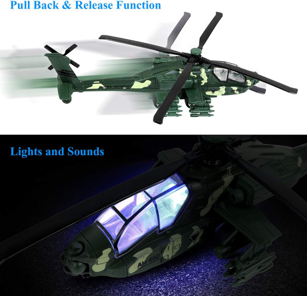 Haptime Military Helicopter Toy With Lights And Sounds Pull Back Army Plane Airplane For Kids Children Boys Girls 11.2 Inch (Green)